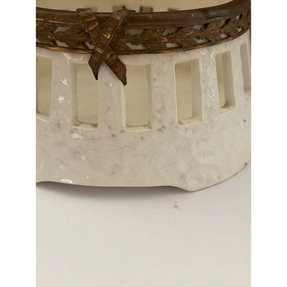 Antique Ceramic Creamware Basket Ornate Brass Handle Ribbon Leaf Trim Cream